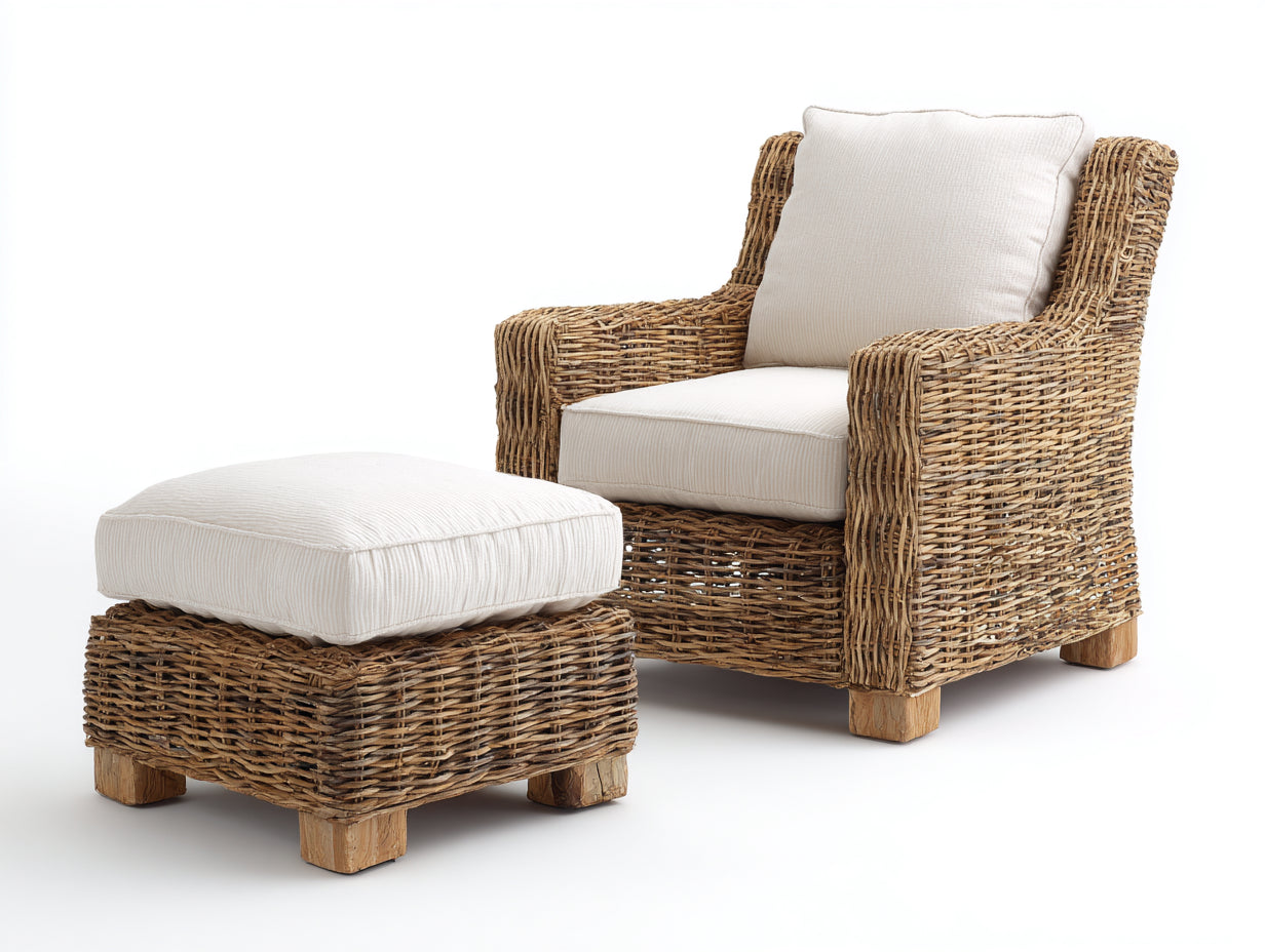 Polyrattan Gartensessel 85x82x88 cm aus Polyrattan und Holz in Braun-Beige - natürlicher Gartenstil mit Fußhocker