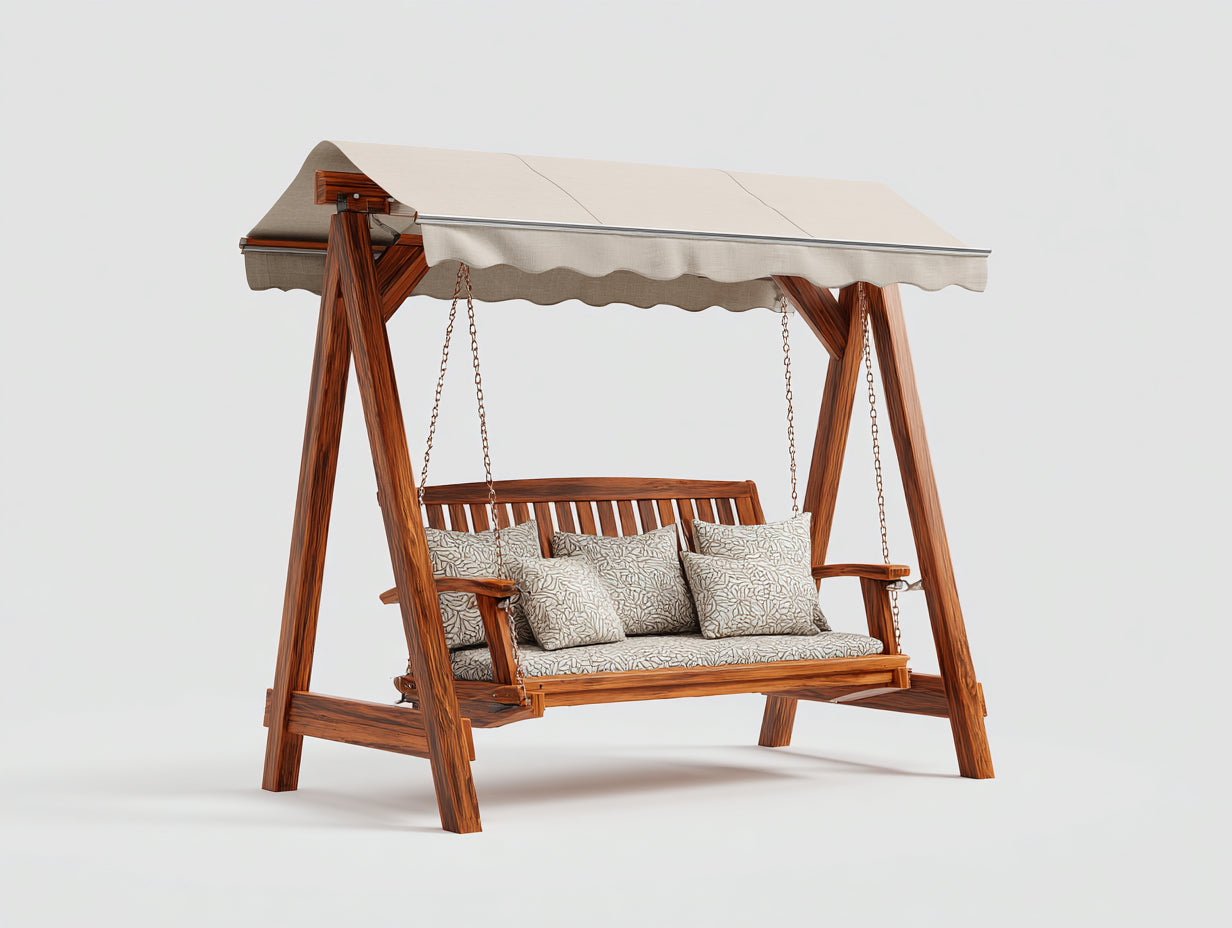 Gartenschaukeln 220x125x185 cm aus Holz und Stoff in Braun-Beige - klassischer Gartenstil mit Sonnendach