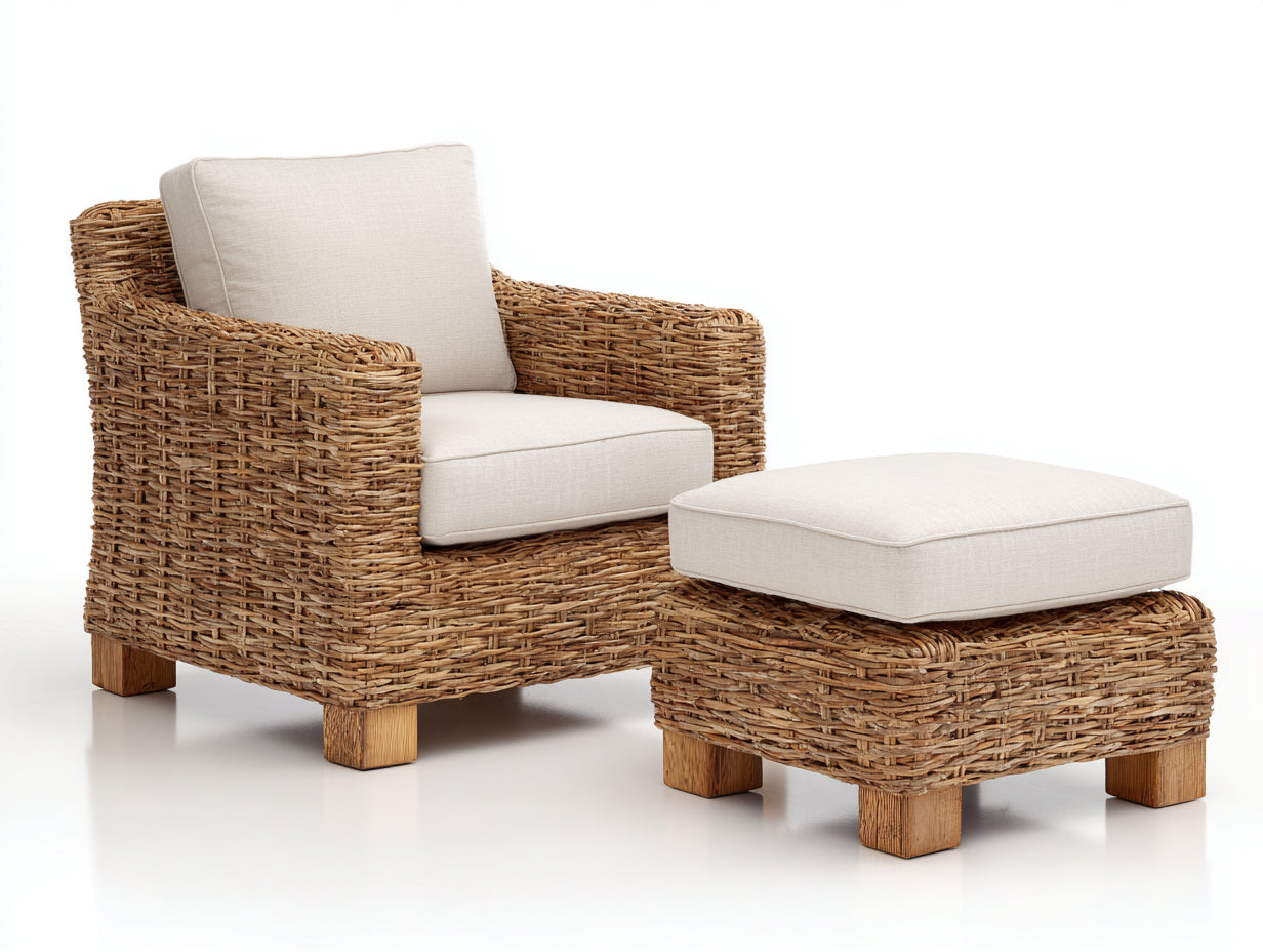 Polyrattan Gartensessel 88x84x86 cm - Polyrattan in Natur-Creme - rustikaler Outdoor-Stil mit Fußhocker