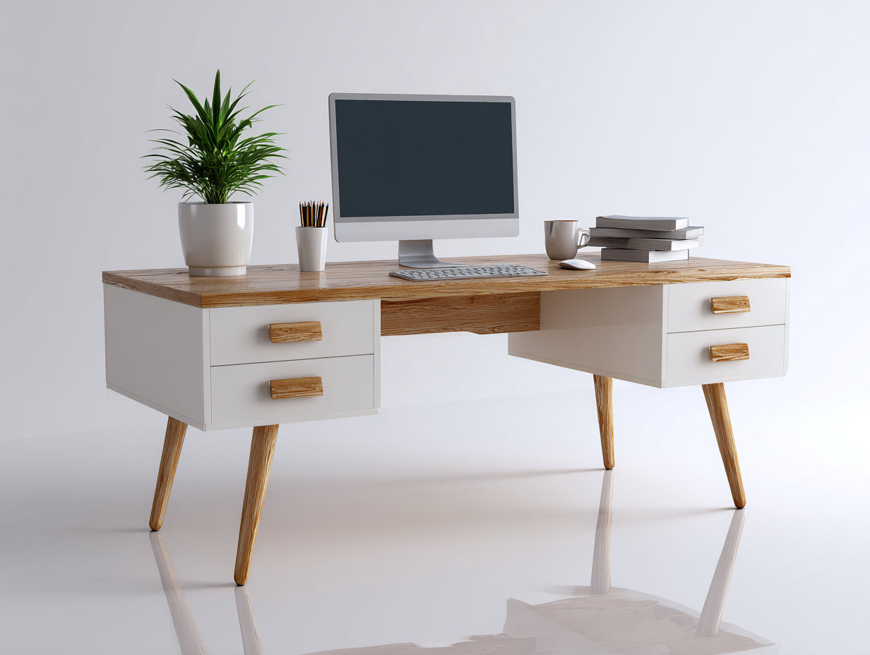 Schreibtisch Holzwerkstoff 150x60x78 cm - Weiß-Naturholz - modernes skandinavisches Design