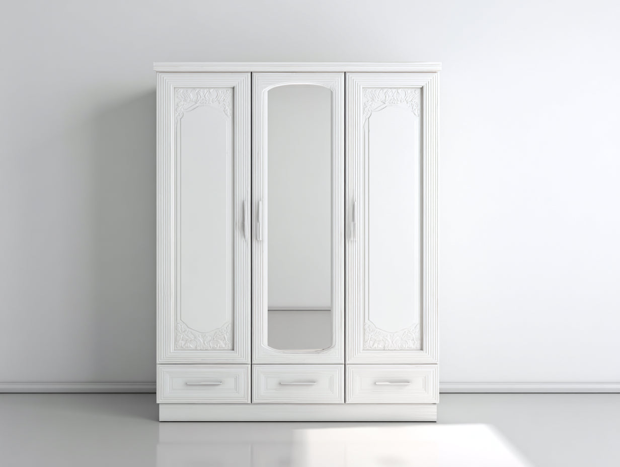 Kleiderschrank 150x55x200 cm - Holzwerkstoff in Weiß - klassischer Stil mit Spiegel und 3 Schubladen