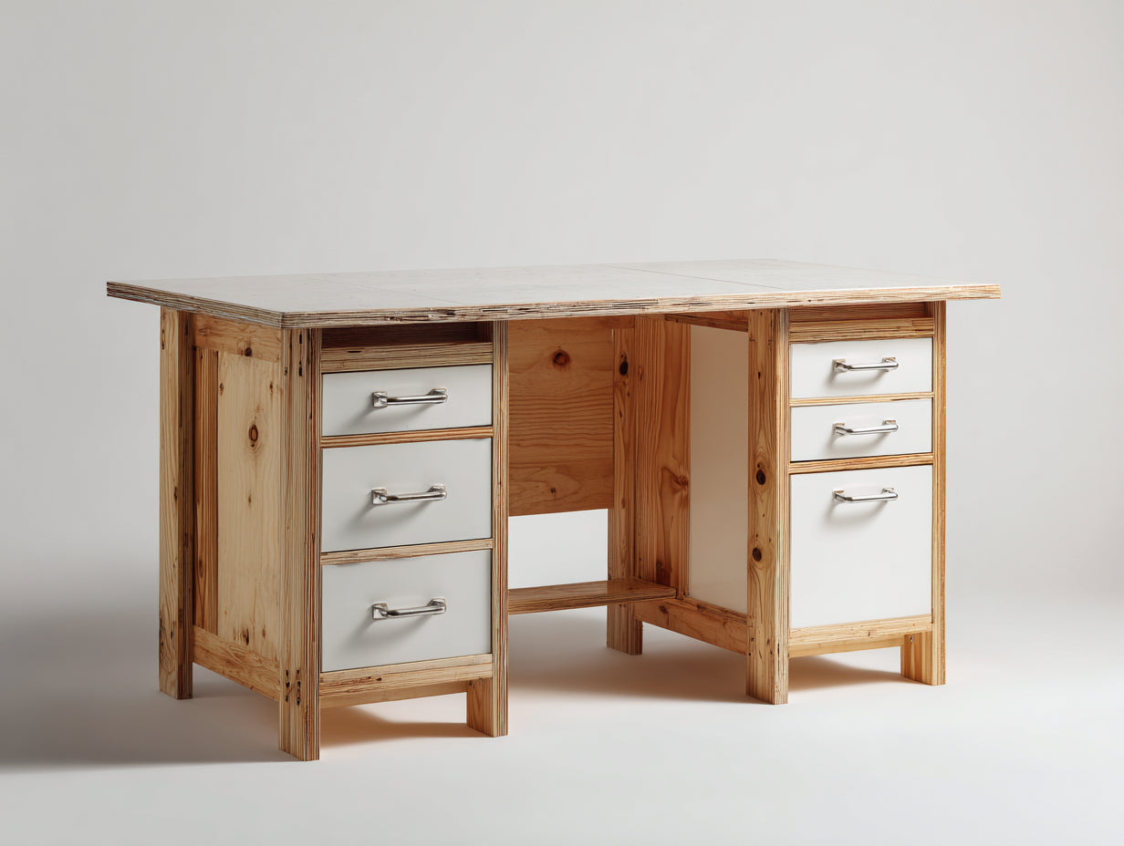 Schreibtisch Massivholz 160x140x76 cm - Weiß-Braun - Eckschreibtisch Design
