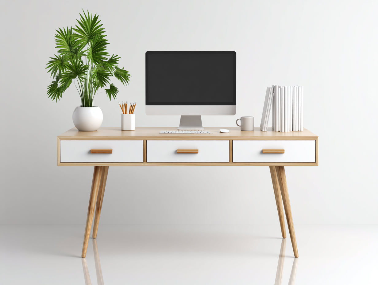 Schreibtisch 140x55x76 cm aus Holzwerkstoff und Holz in Weiß-Braun - skandinavischer Stil mit 3 Schubladen
