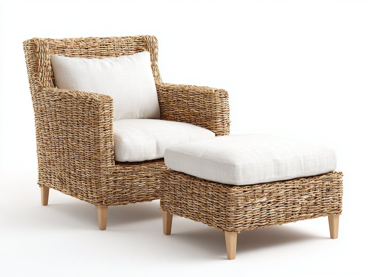 Polyrattan Gartensessel 86x82x88 cm - Polyrattan in Natur-Creme - natürlicher Outdoor-Stil mit Fußhocker