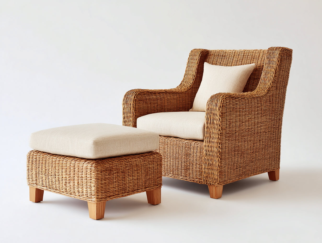 Polyrattan Gartensessel 88x84x90 cm aus Polyrattan und Holz in Braun-Beige - natürlicher Gartenstil mit Fußhocker