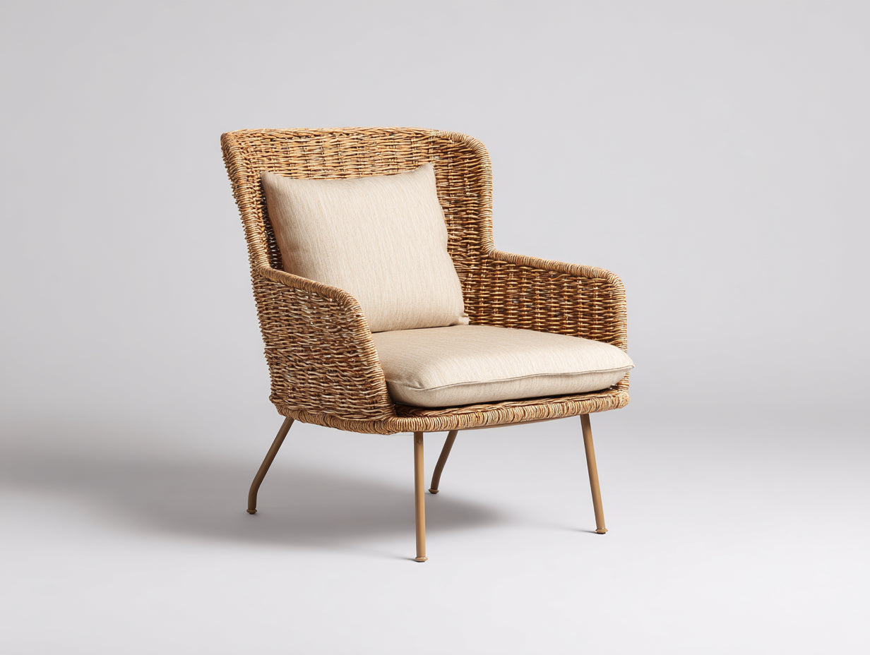Polyrattan Gartensessel 75x78x88 cm aus Polyrattan und Metall in Braun-Beige-Gold - moderner Gartenstil mit Armlehnen