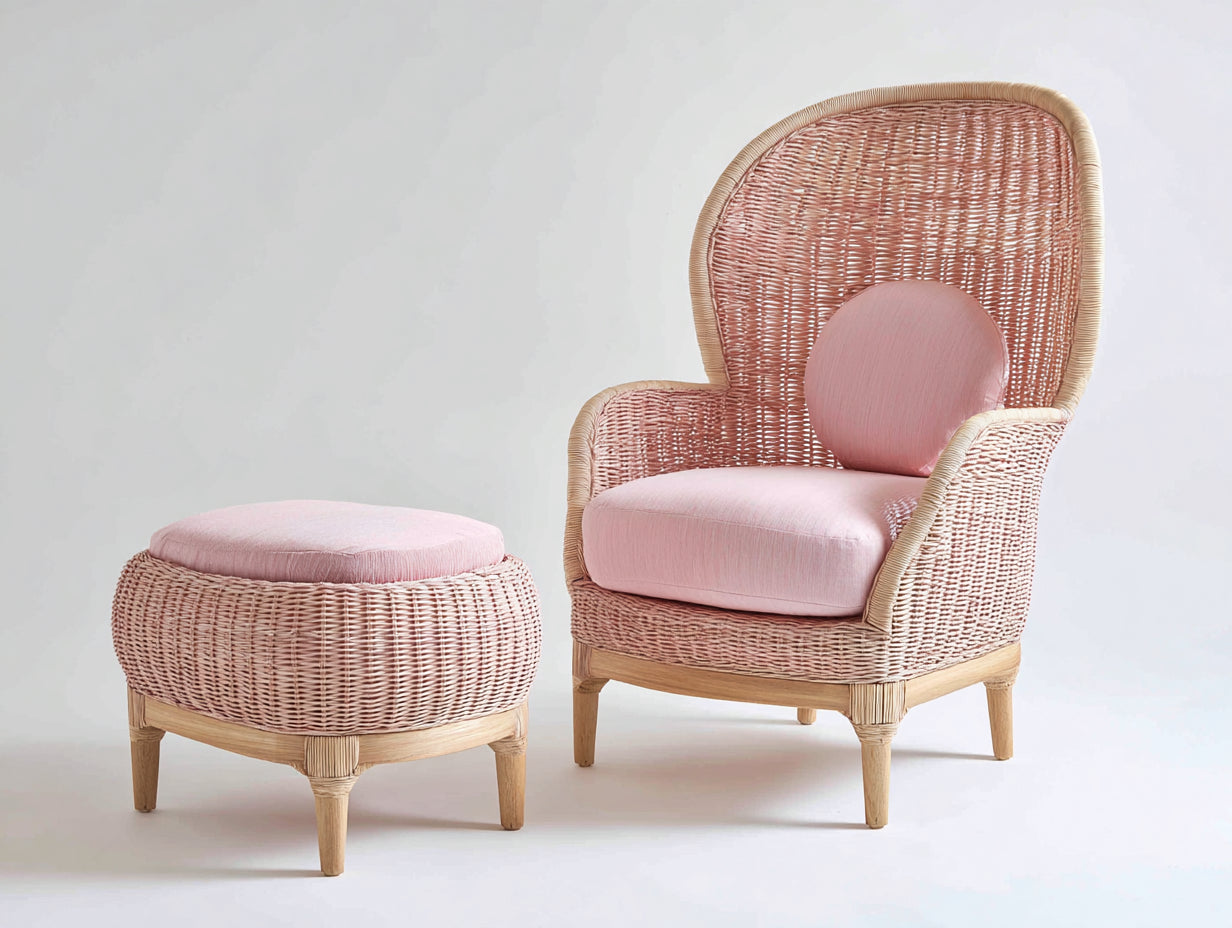 Polyrattan Gartensessel 82x78x96 cm aus Polyrattan und Holz in Rosa-Beige-Braun - verspielter Gartenstil mit Fußhocker