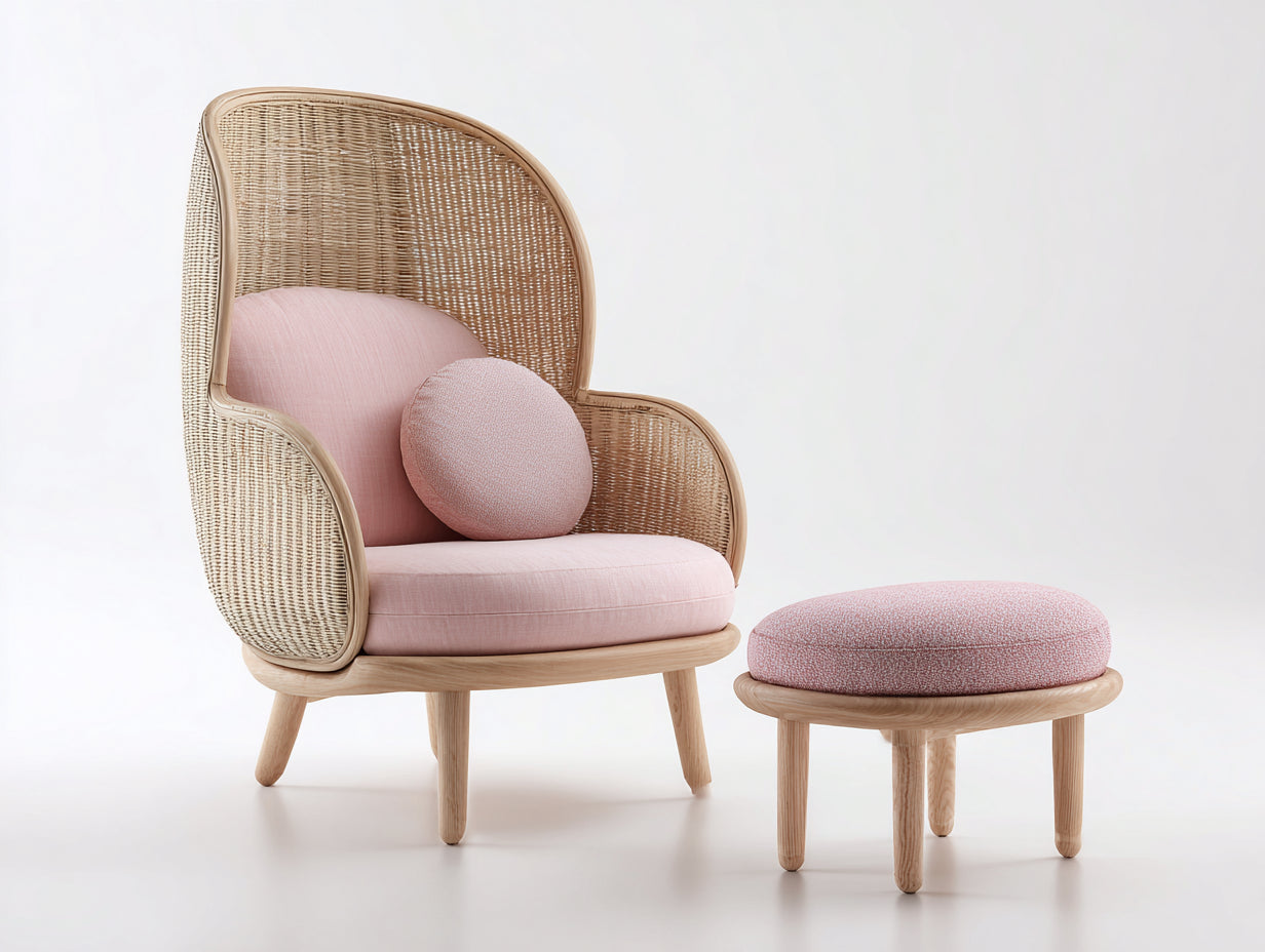 Polyrattan Gartensessel 88x82x120 cm - Polyrattan in Natur-Rosa - skandinavischer Stil mit Fußhocker