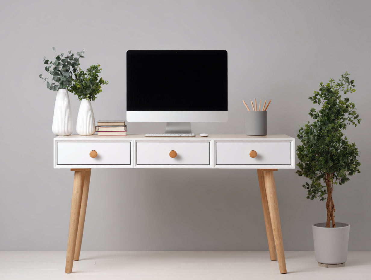 Schreibtisch 120x55x78 cm - Holzwerkstoff in Weiß-Braun - skandinavischer Stil mit 3 Schubladen