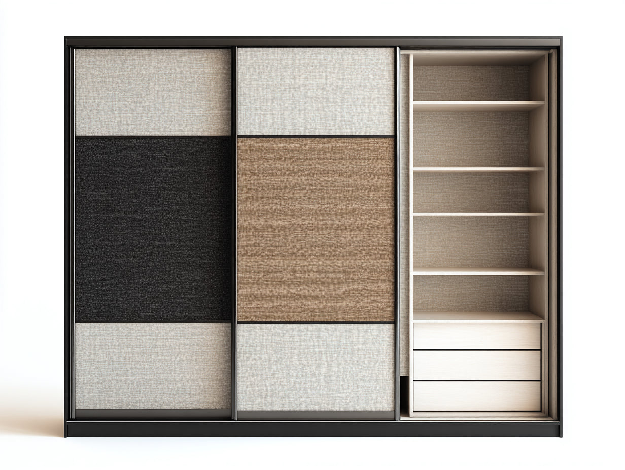 Kleiderschrank 240x60x200 cm aus Holzwerkstoff und Textiloptik in Beige-Schwarz-Braun - moderner Stil mit Schiebetüren und Schubladen